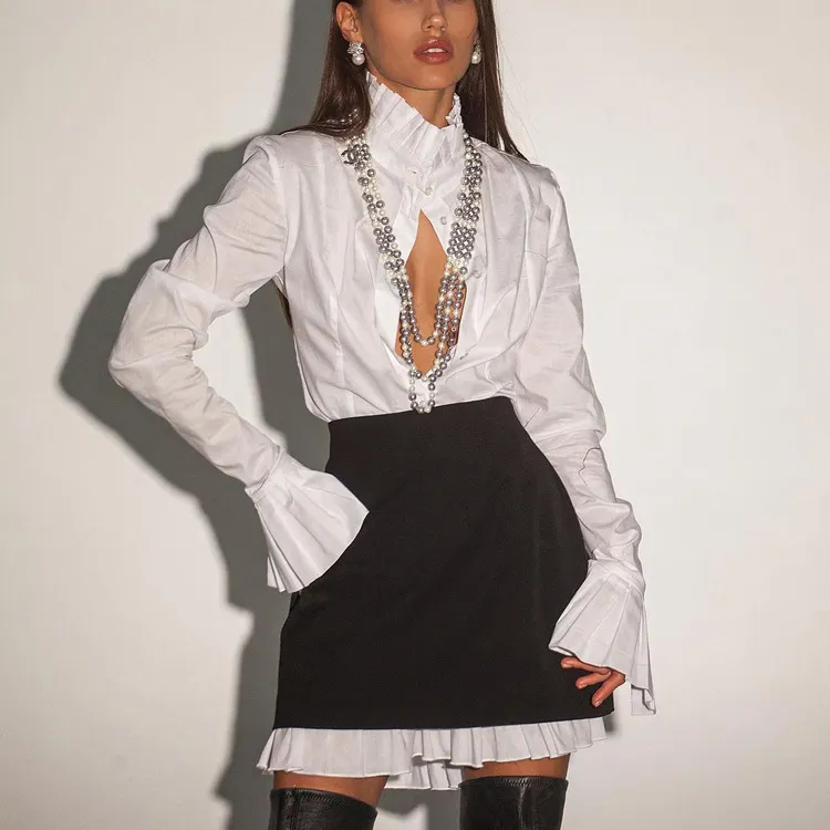 Churchf Churchf Spring 2024 New French Design Sense Standing Collar Horn Sleeve Can Remove The Waist Seal Temperament Dress Women's Wear