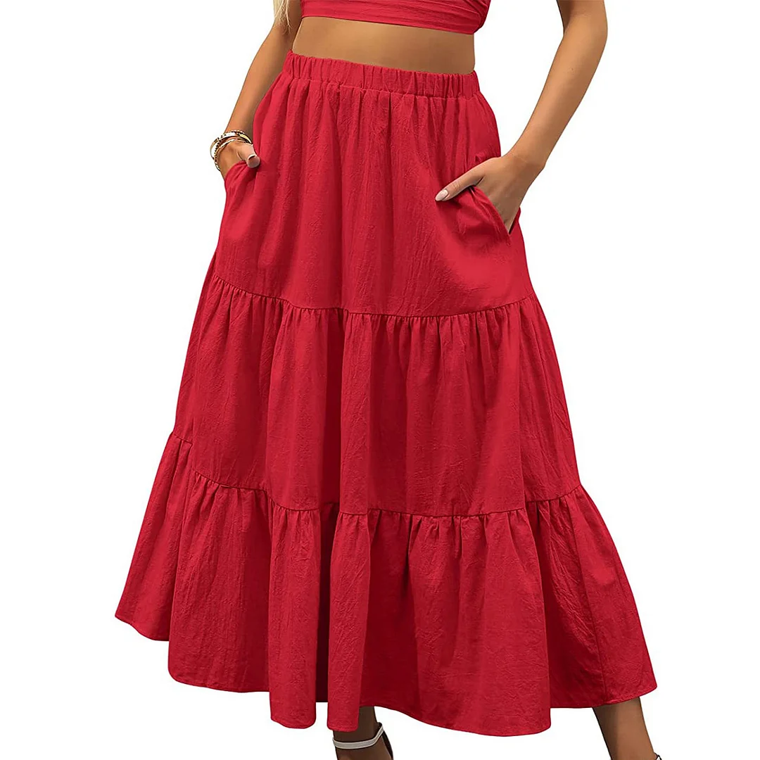 Red Cotton Blend Swing Maxi Skirt with Pockets