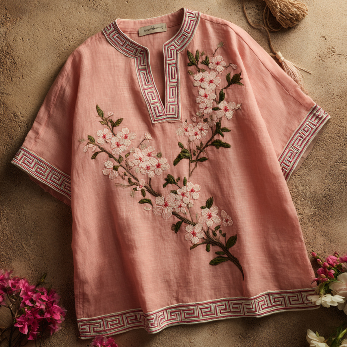 Retro Cherry Blossom Embroidery Pattern Linen Short Sleeve Tops elevenforest