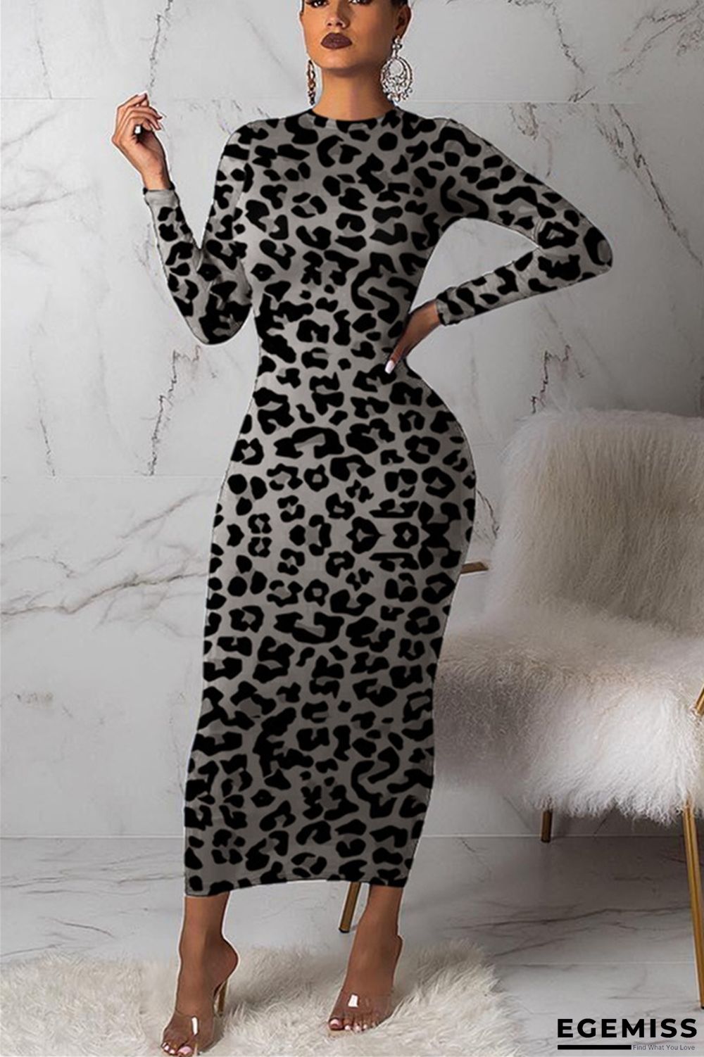 Grey Comfortable Print Long Sleeve Dress | EGEMISS