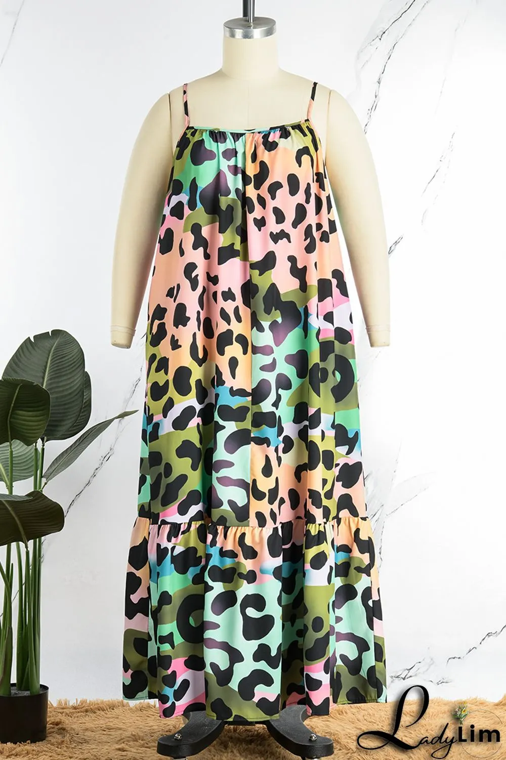 Pink Casual Print Backless Spaghetti Strap Long Dress Plus Size Dresses