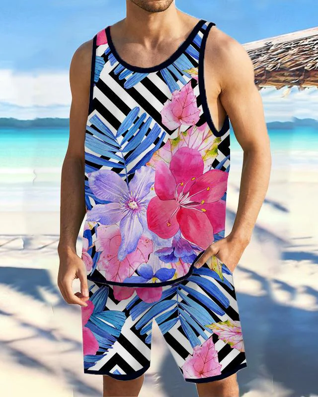 Men's Casual Resort Printed Vest Set 017