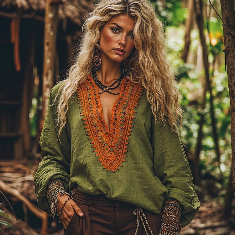 Vintage Embroidered V-neck Linen Blend Loose T-shirt