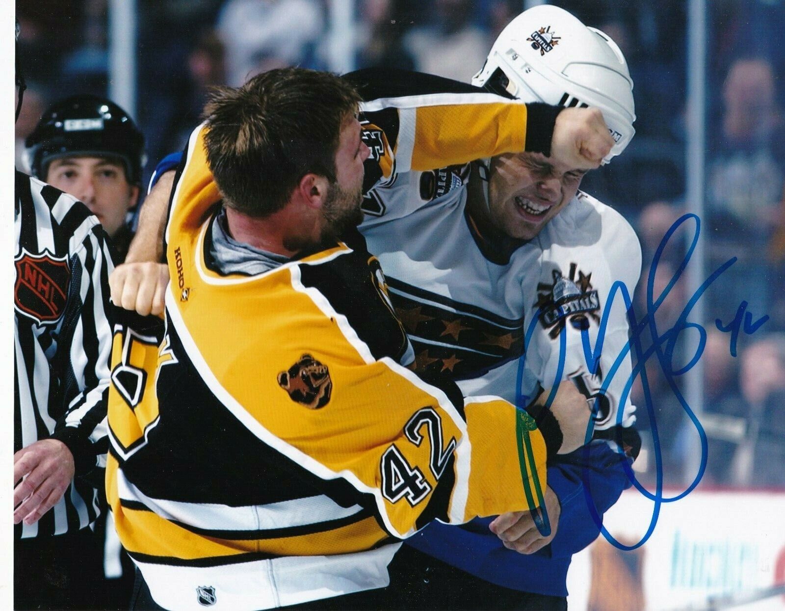 P.J. STOCK BOSTON BRUINS ACTION SIGNED 8X10