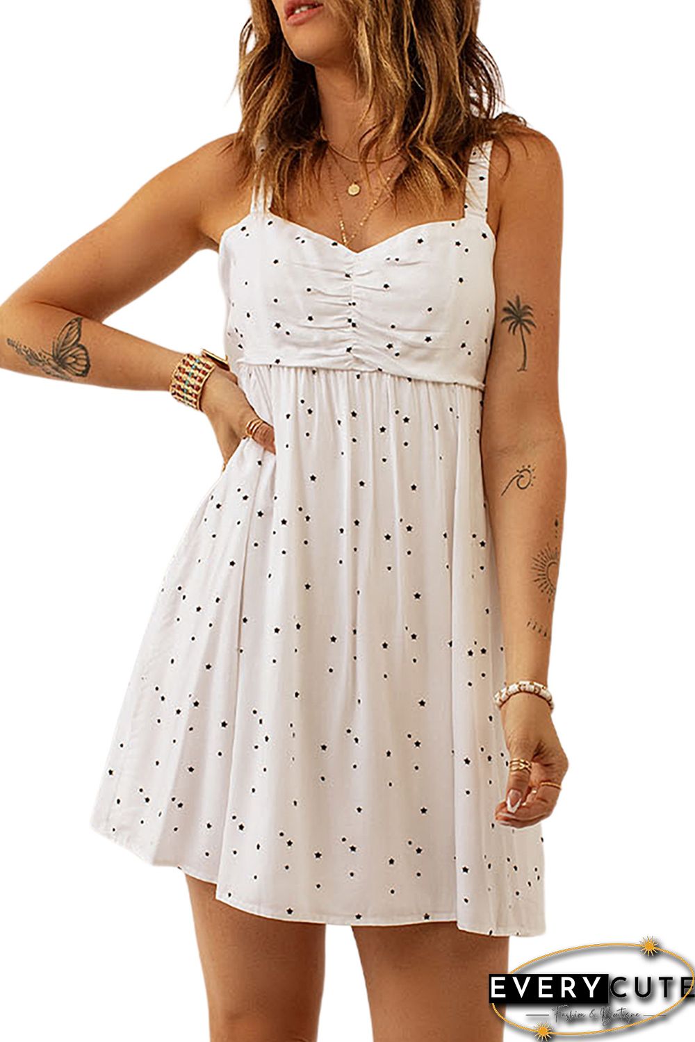 White Ruched Bust Starlet Print Mini Dress