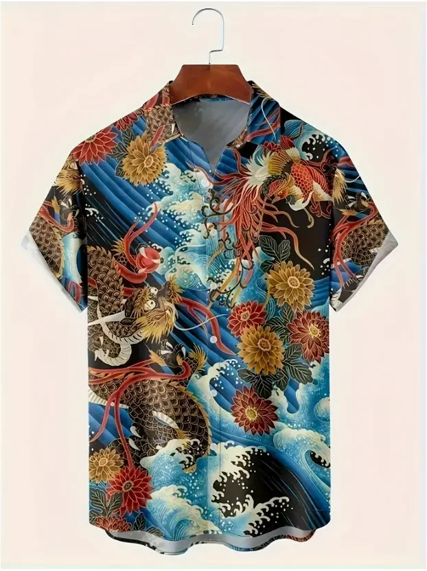 Lamalaba Retro Animal Koi Pattern 3D Print Shirt Man Casual Fashion Short Sleeves Shirts Button Lapel Streetwear Oversized Unisex Clothes