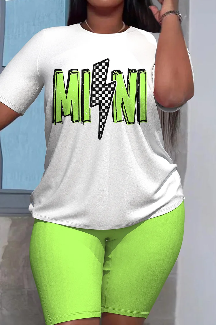 Plus Size Casual White Letter Print Round Neck Short Sleeve Two Piece Short Sets