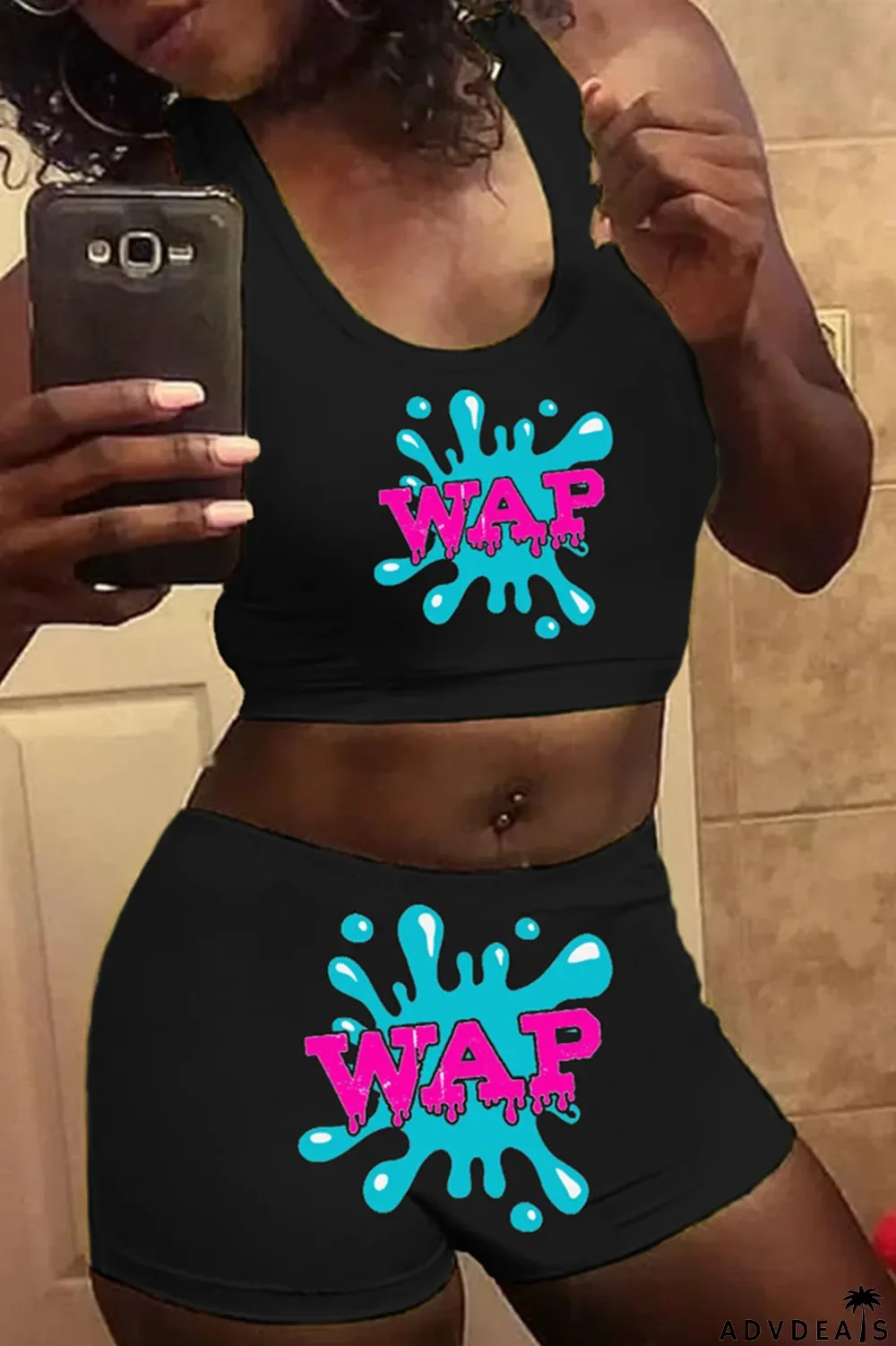 Pink Casual Sportswear Sleeveless U Neck Tank Short Print Two Pieces