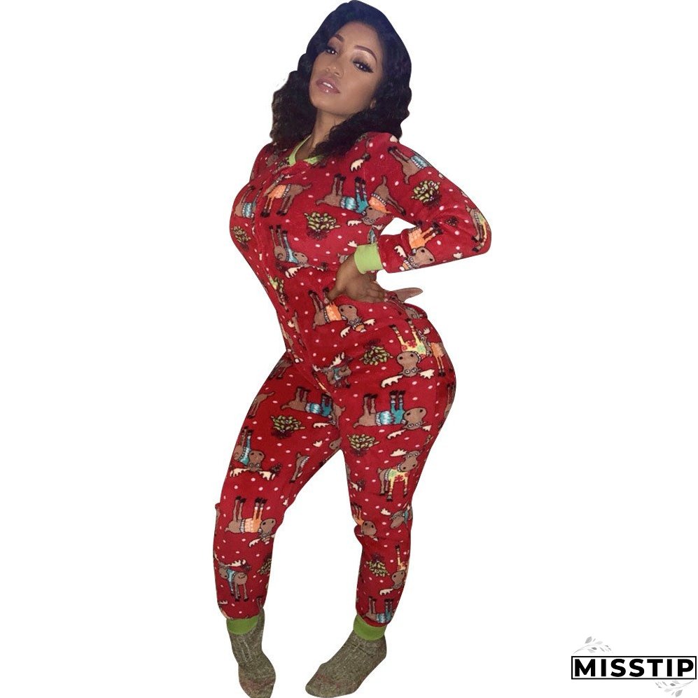 Christmas Women Printed Long Sleeve Jumpsuit