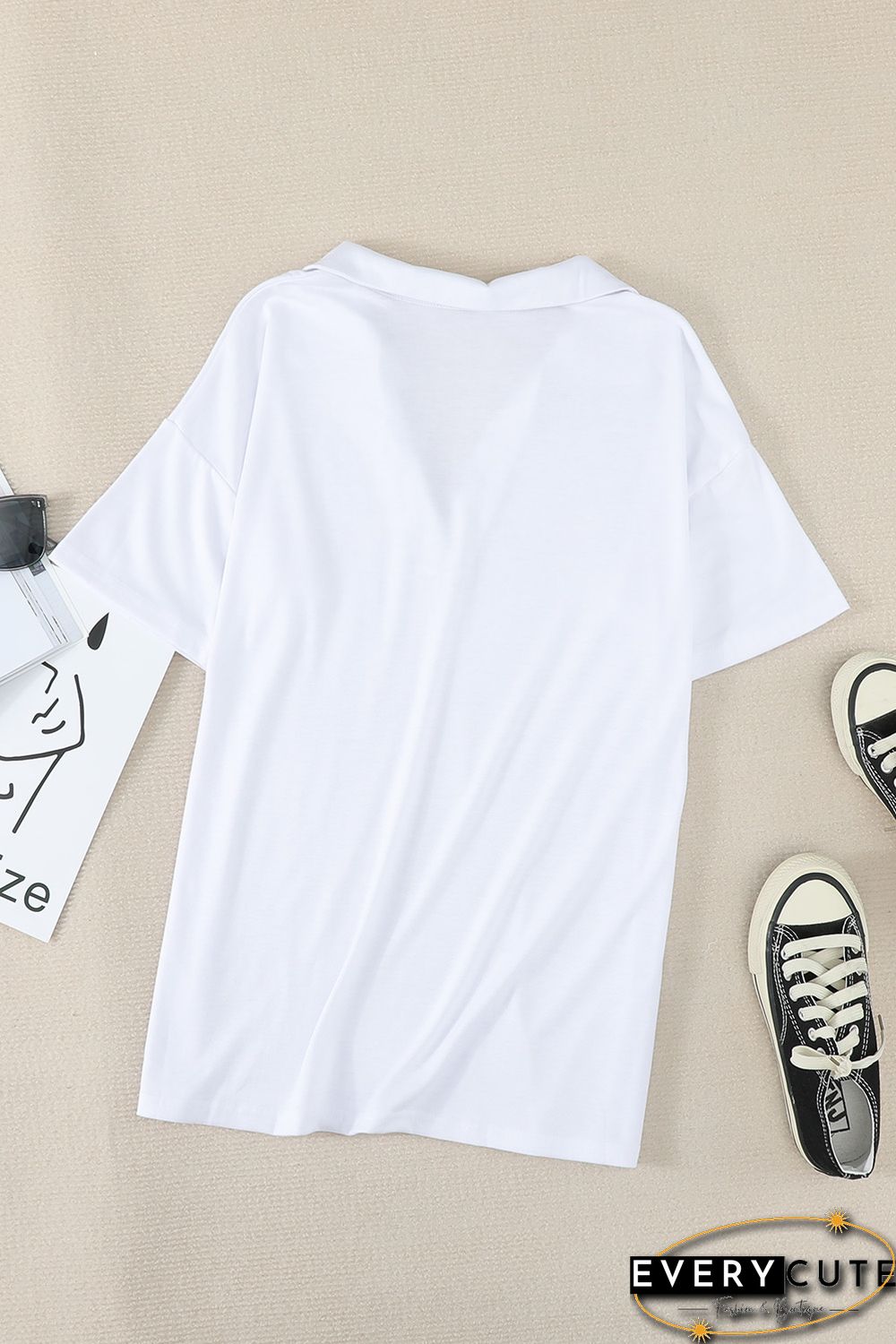 White Collared V Neck Drop Sleeves T-shirt