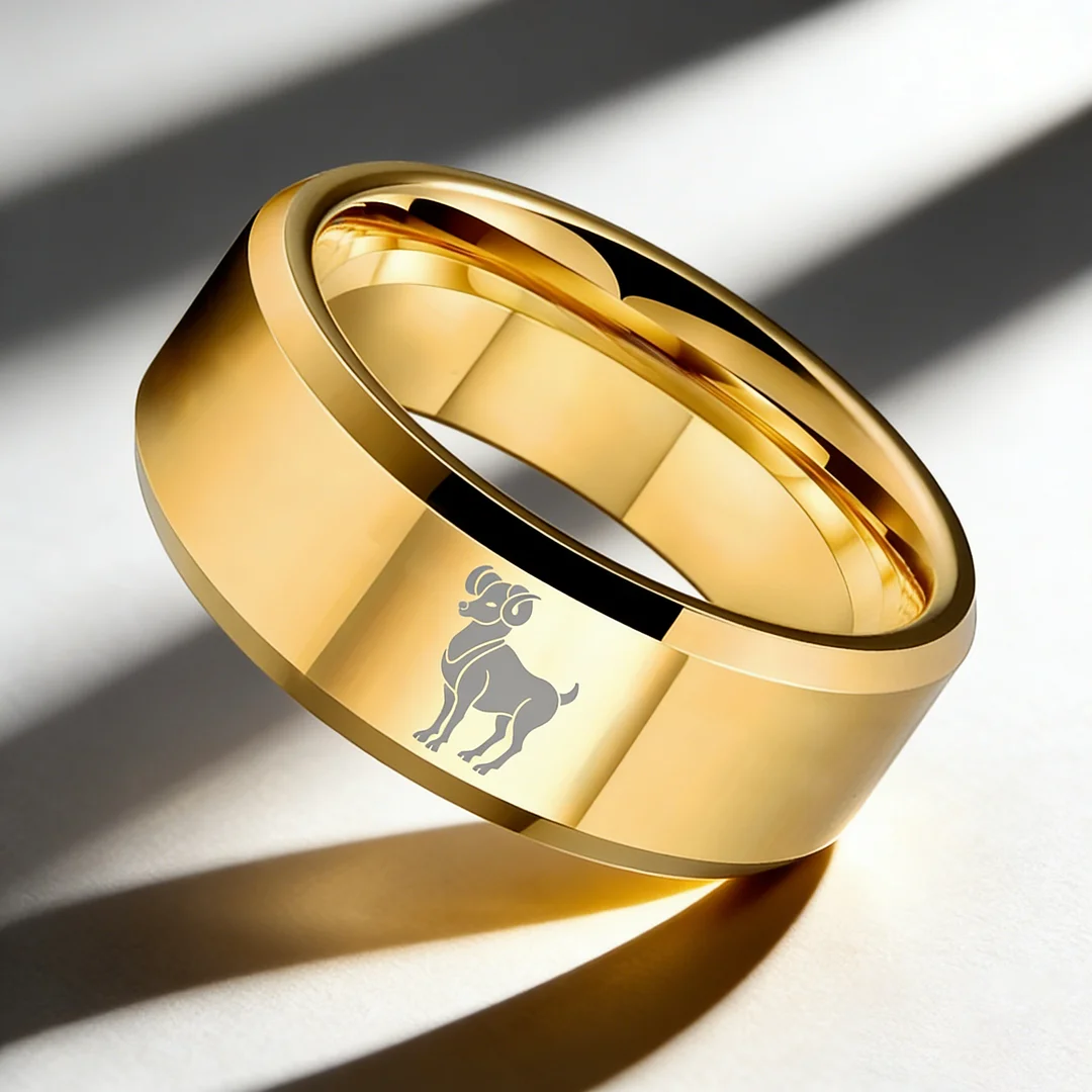 Beveled Edges Laser Etched Tungsten Carbide Gold Aries Couple Wedding Bands 4MM 6MM 8MM Width