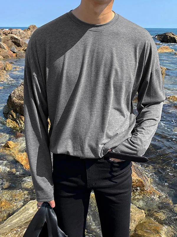 Aonga - Men's Loose Solid Color Long Sleeve T-ShirtsH