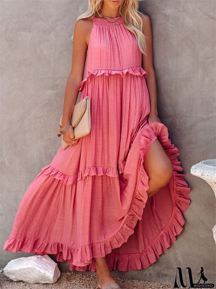 MidiSono - Romantic Ruffles Swing Sleeveless Halter Maxi Dress for Women