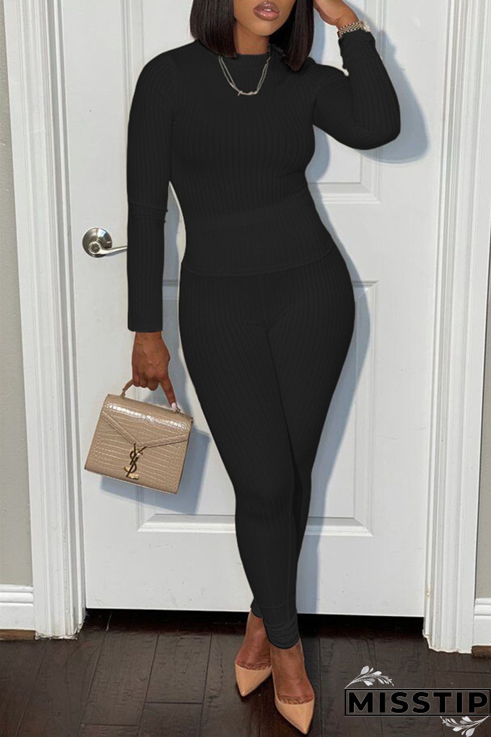 Black Casual Sportswear Solid Basic O Neck Long Sleeve Two Pieces