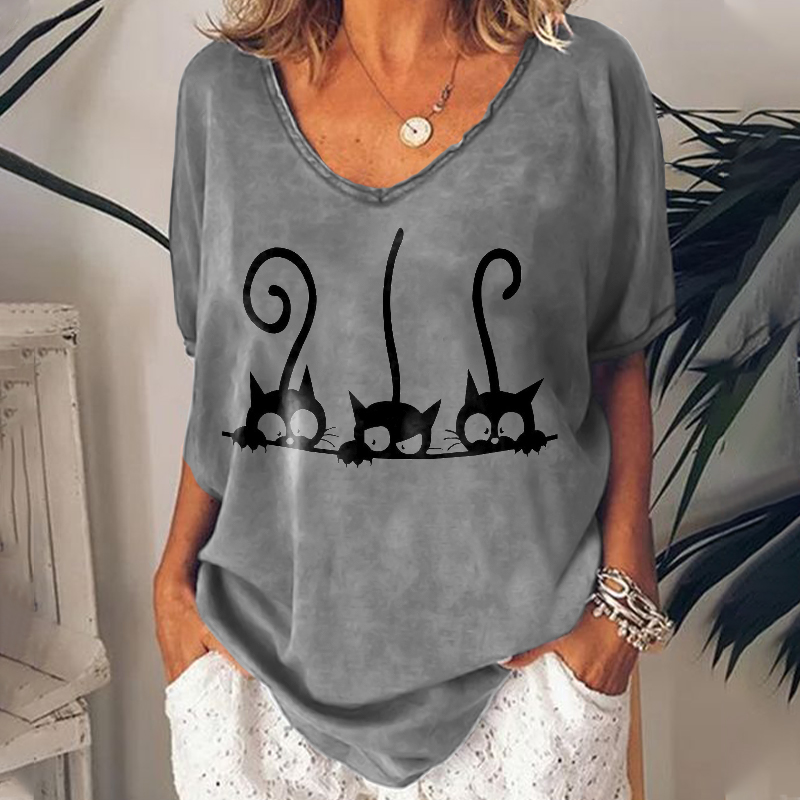 Casual Three Cats Print Short Sleeve T-Shirt wearshes