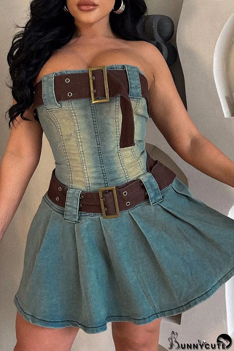 Blue Sexy Solid Make Old Fold Strapless Sleeveless Mid Waist Regular Denim Dresses(With Belt)