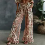Women's Spring Roses Embroidered Art Print Flowy Linen Blend Casual Pants - Image 2