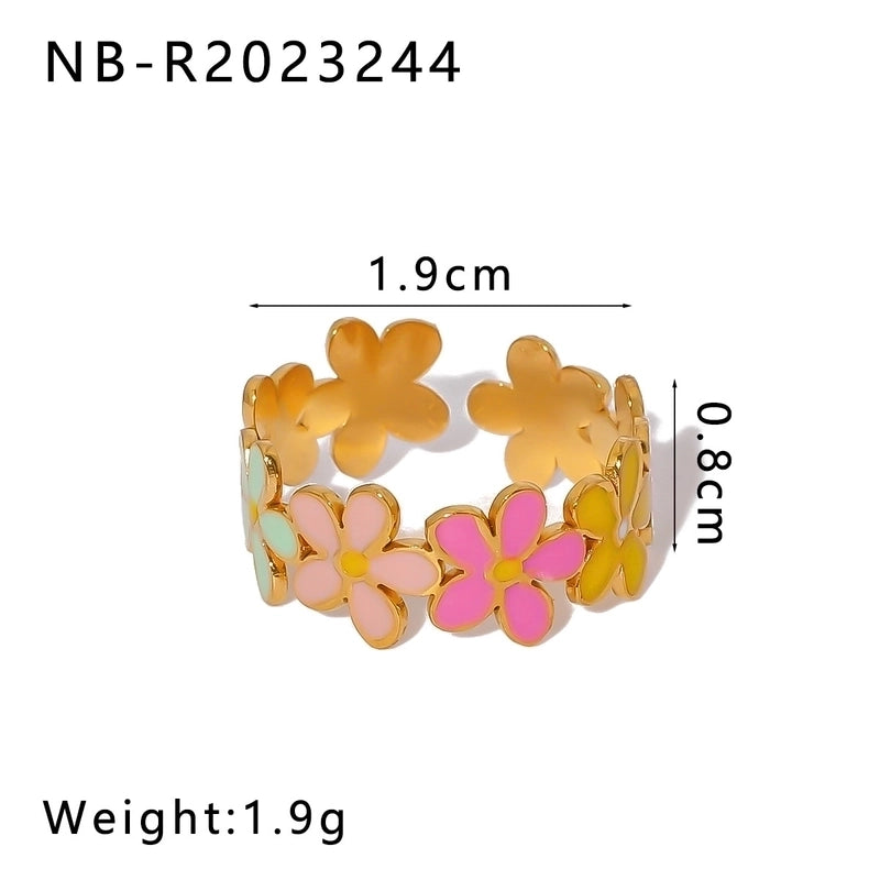 Retro IG Style Heart Shape Flower Titanium Steel Enamel Plating Stainless Steel Rings