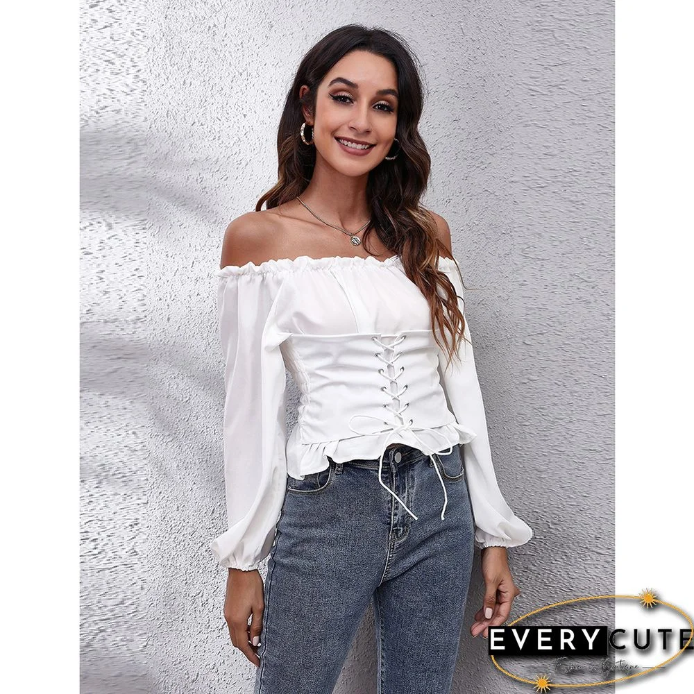 White Off Shoulder Slim Fit Lace-up Blouse