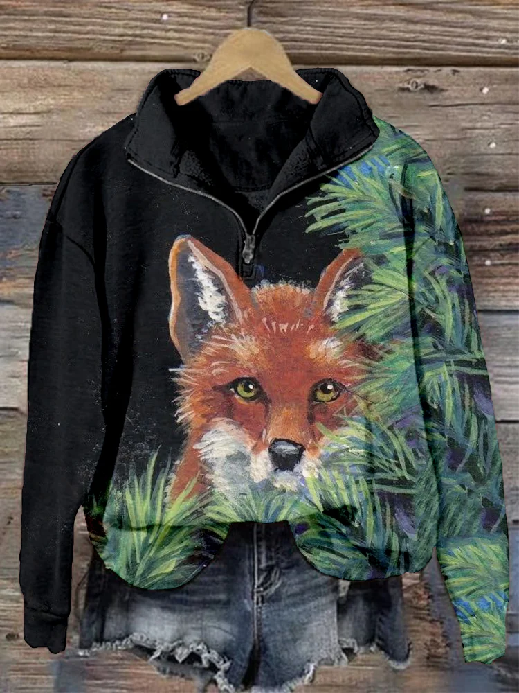 Comstylish Red Fox Art Graphic Zip Up Comfy Sweatshirt