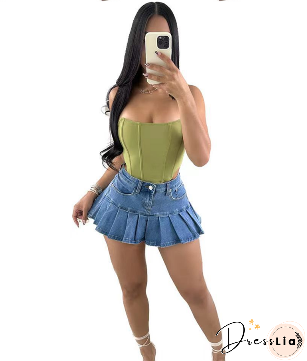 High Waist Pleated Denim Pleated Mini Skirts