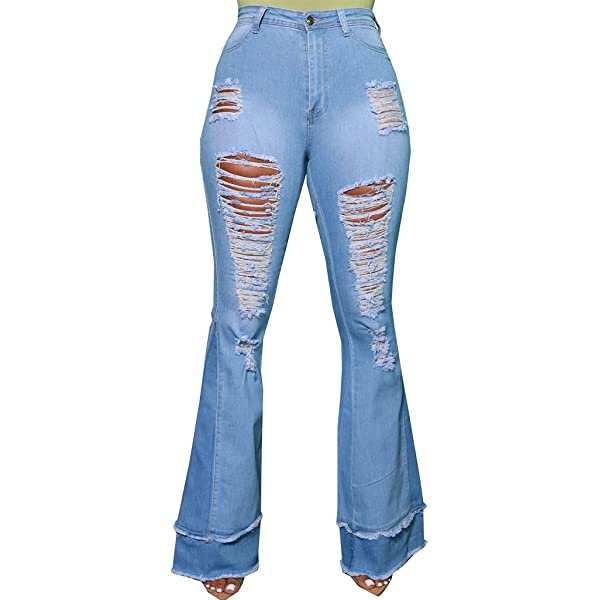 Bottom Jeans for Women High Waisted Ripped Hole Denim Flare Jeans Pants