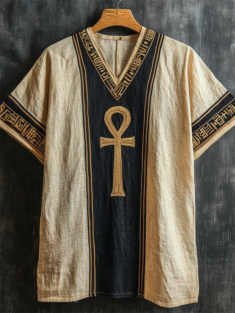 Ankh Ancient Egyptian Embroidered Contrast Linen Shirt