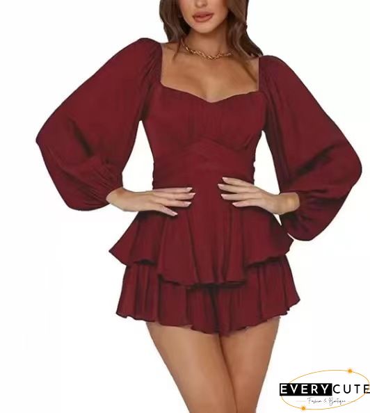 Wine Red Floral Print Ruffle Detail V Neck Romper