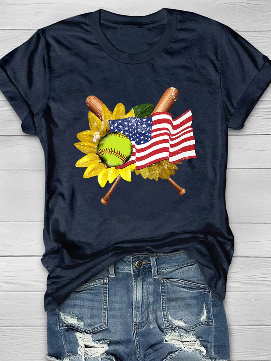 Sunflower Softball Flag Print Short Sleeve T-Shirt