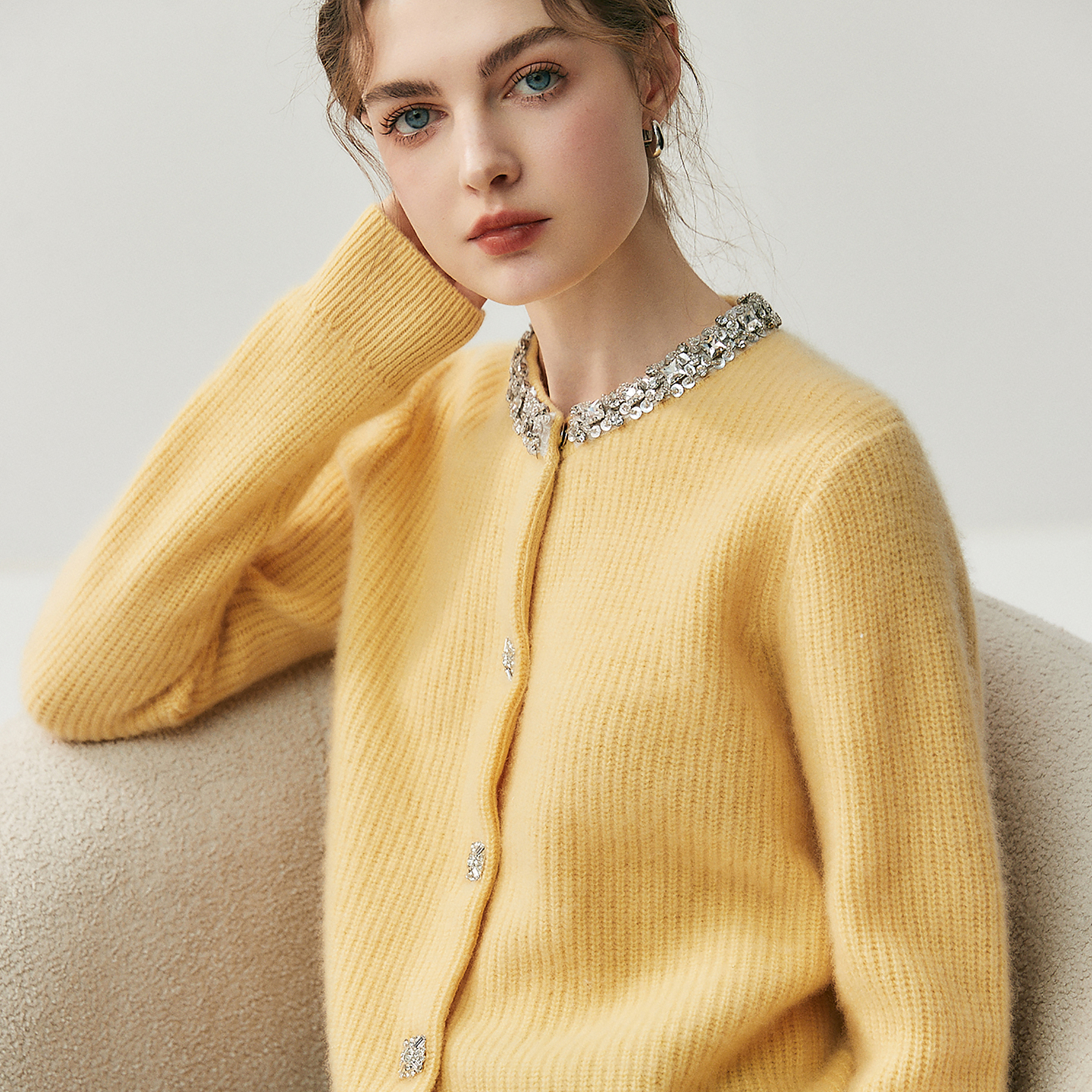 Women's Crewneck Cashmere Cardigan with Rhinestone Details REAL SILK LIFE