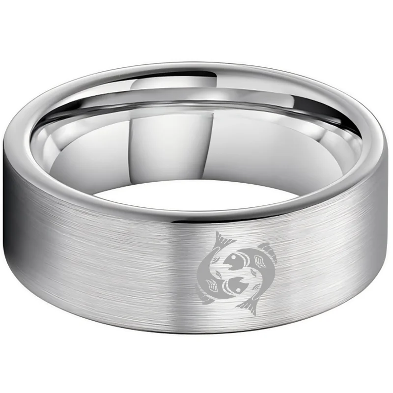 Pisces Tungsten Carbide Rings Sliver Flat Wedding Band Comfort Fit Men and Wom 4MM 6MM 8MM