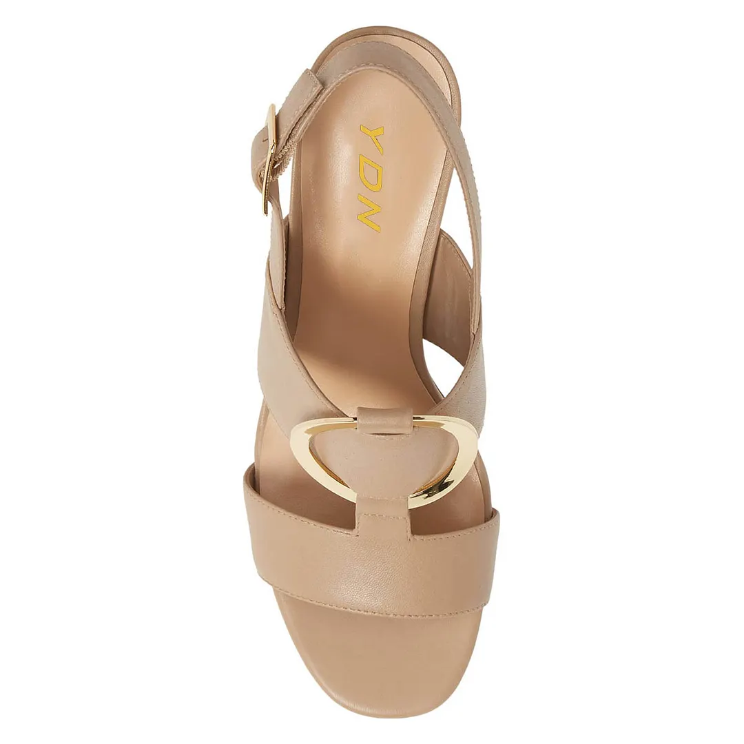 Nude Open Toe Block Heel Slingback Shoes Buckle Summer Sandals