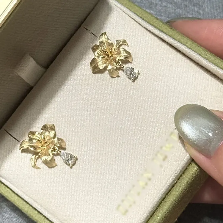 Brushed Gold Lily Drop Earrings for Women