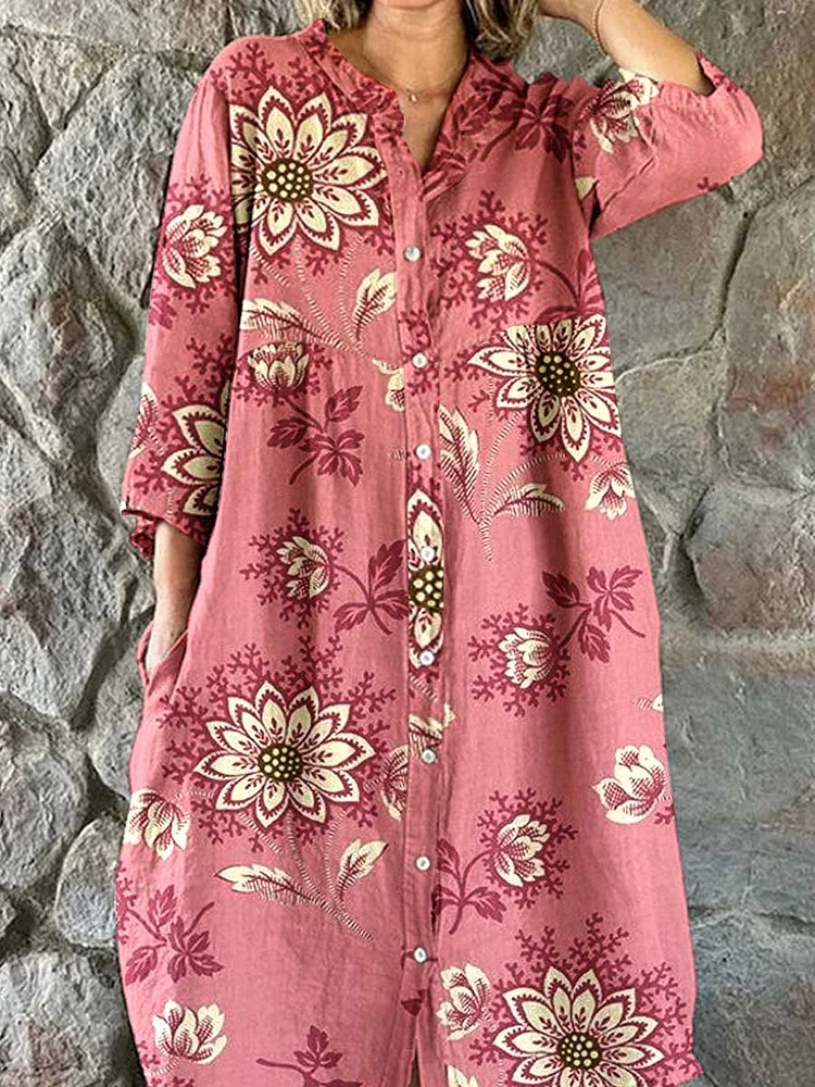 Women‘s  Ethnic Floral Pattern Cotton Shirt Dress