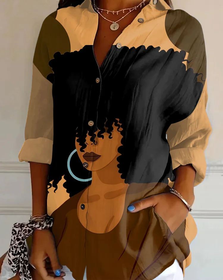 Afro Woman Illustration Print Long Sleeve Shirts