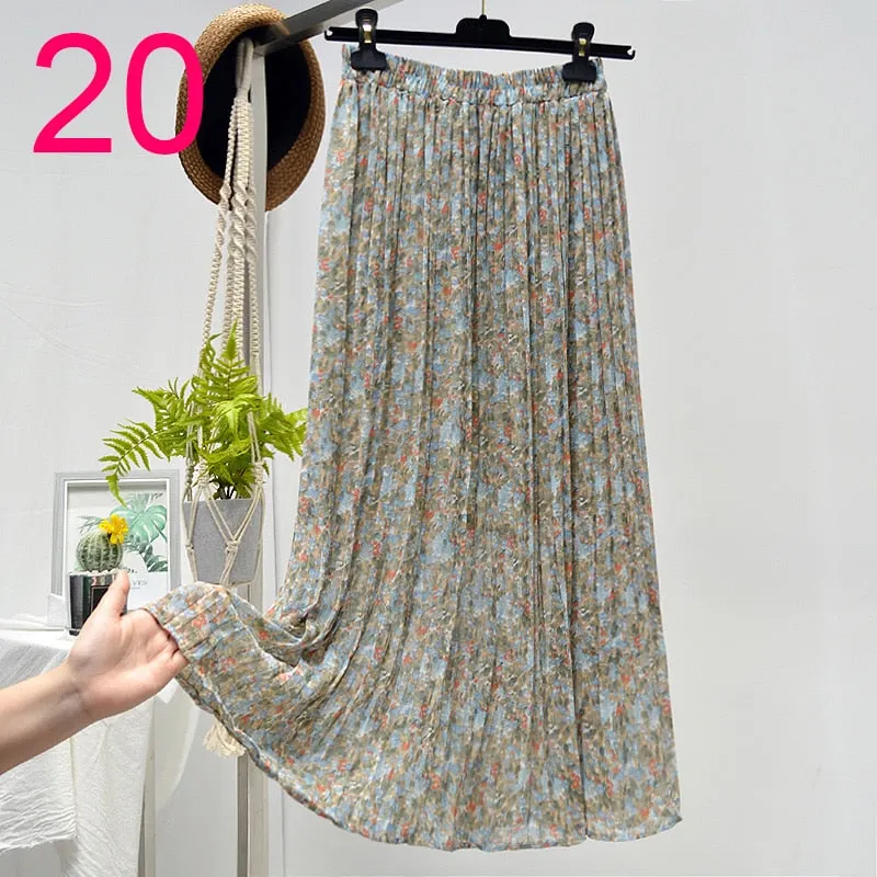 Summer Skirts Womens 2020 New Vintage Floral Print Chiffon Pleated Skirt Elastic High Waist Casual Midi Skirt Women Clothes Jupe
