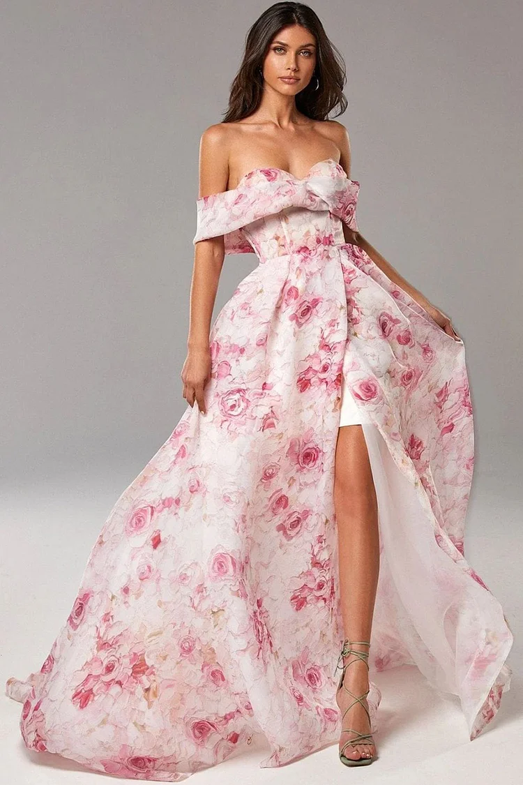 Evening Gown Pink Floral Print Off The Shoulder Slit Maxi Dress