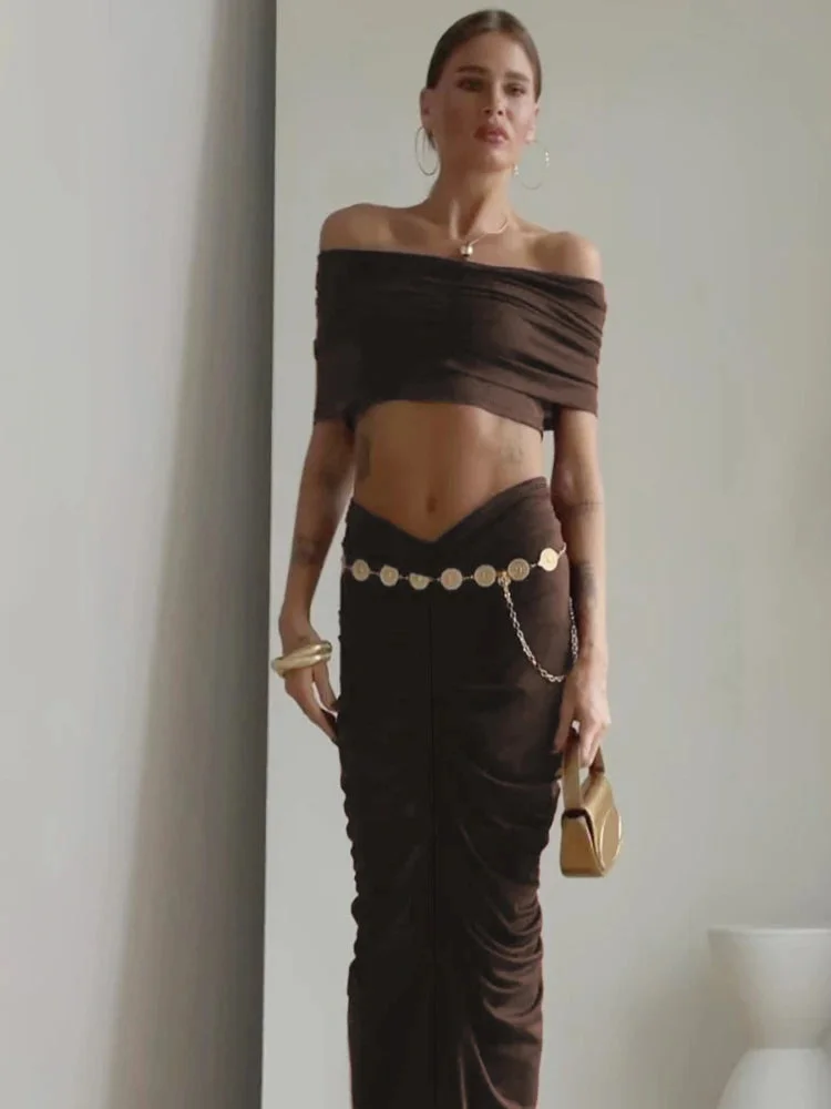 Toloer Off-shoulder Crop Top And Ruched Maxi Skirt Set-Outfit Ideas