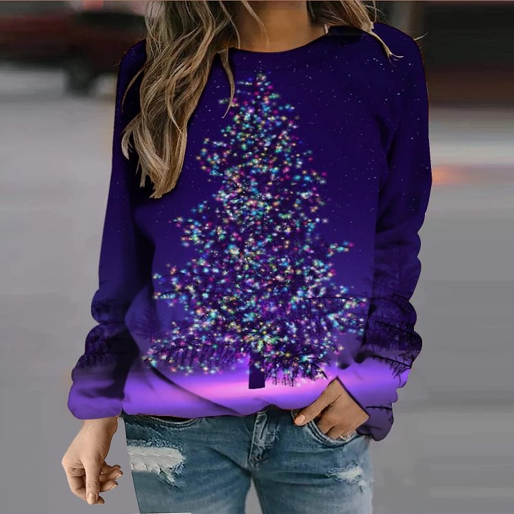 Comstylish Glittery Christmas Tree Print Sweatshirt