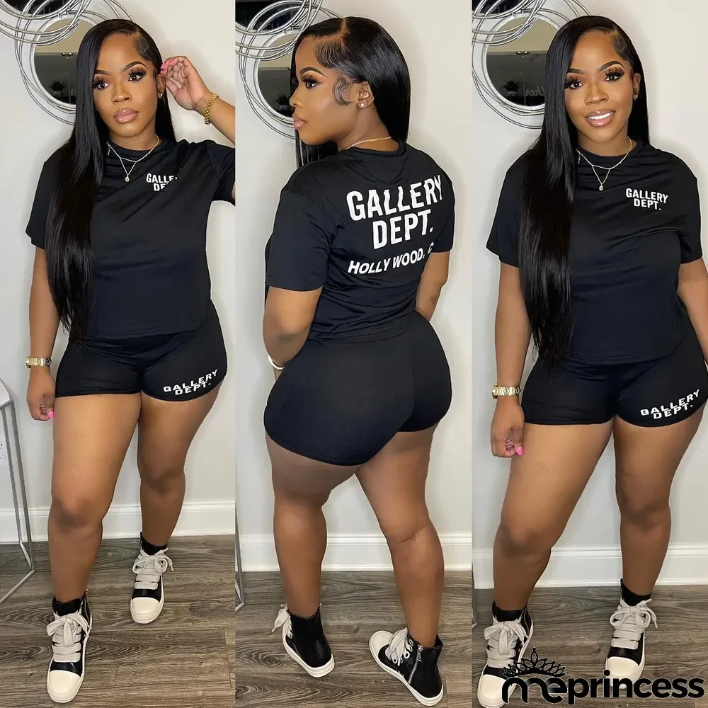 Women Clothing Summer Black Print Round Neck Short Sleeve Top and Shorts Two-Piece Set