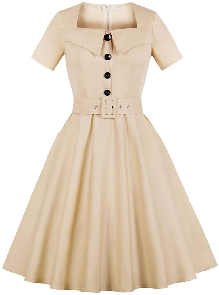 Women's Square Neck Lapel Shirt Collared Belted 1940s Vintage Dress