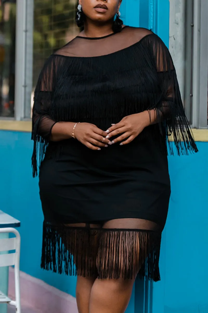 Plus Size Plain Midi Dresses Sheer Fringed