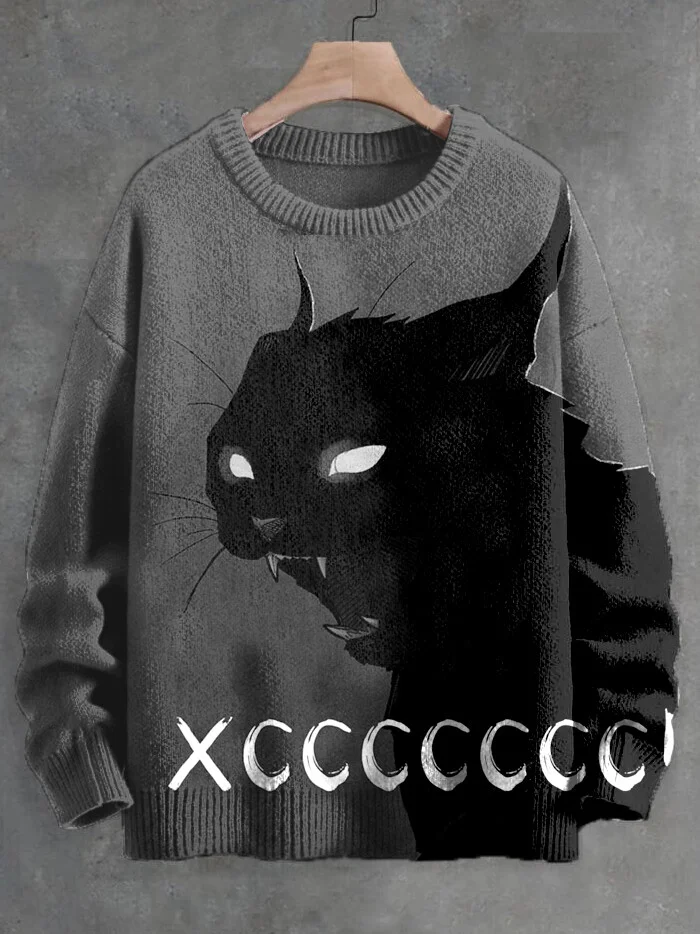 Men's Black Cat Graphic Print Knit Sweatshirt
