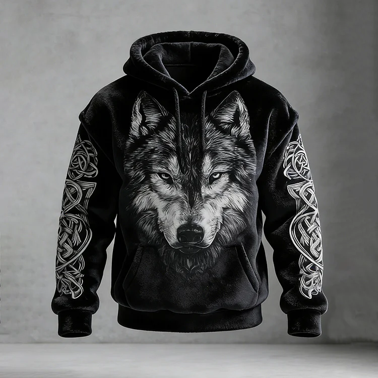 Men's Viking Wolf Celtic Knot Art Cozy Plush Hoodie
