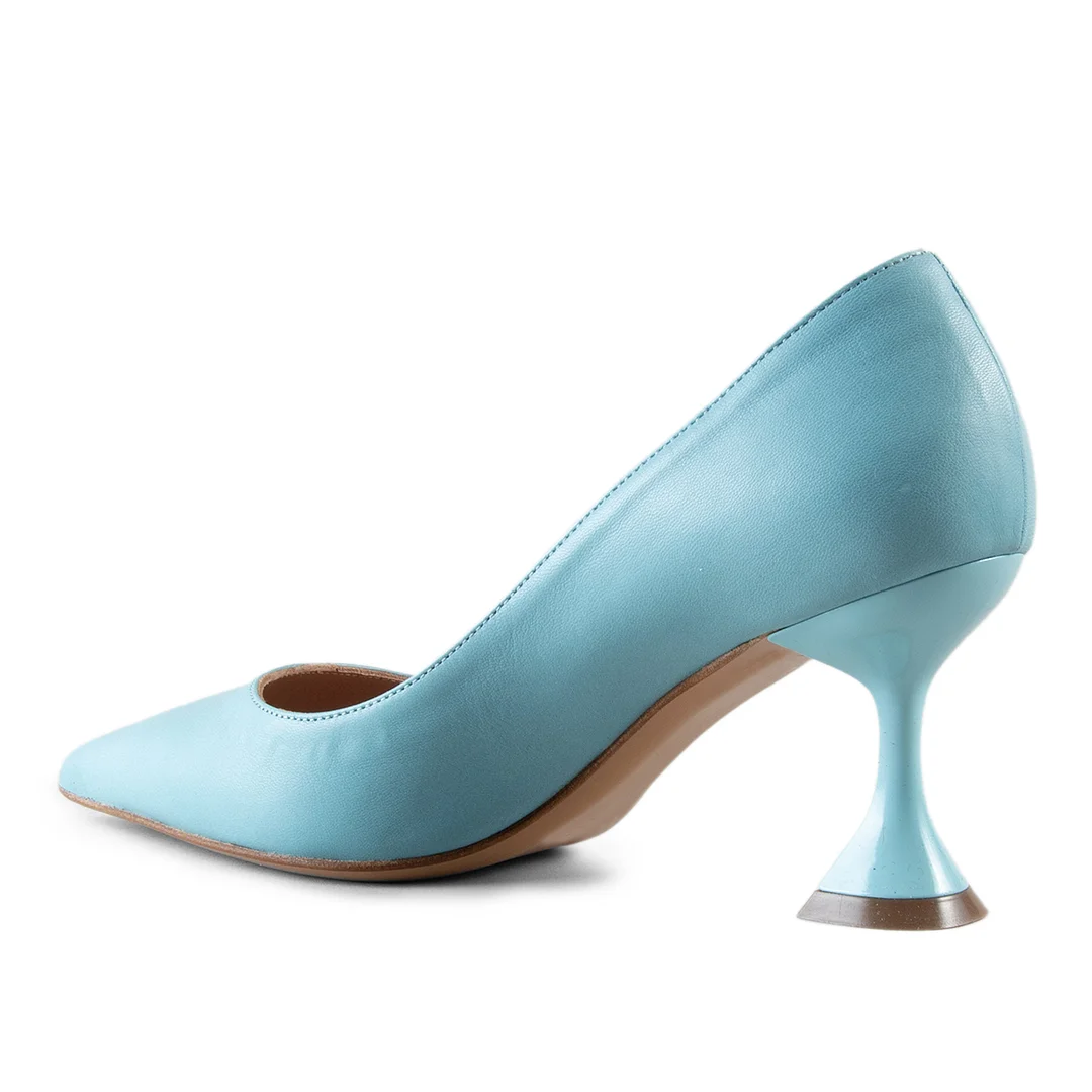Blue Vegan Leather Pointed Toe Comfy Pumps with Flared Heels