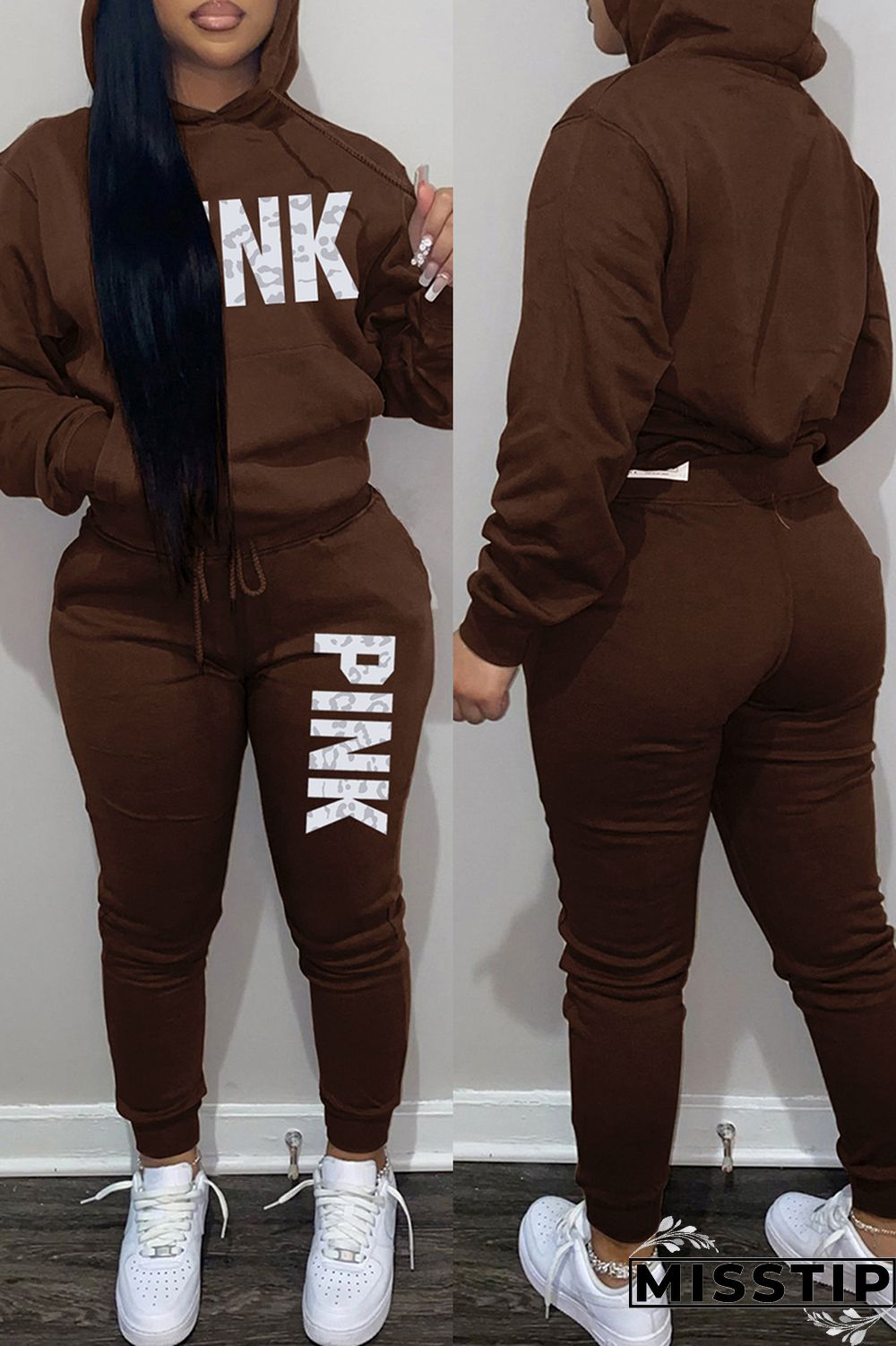 Khaki Fashion Casual Letter Print Basic Hooded Collar Long Sleeve Two Pieces