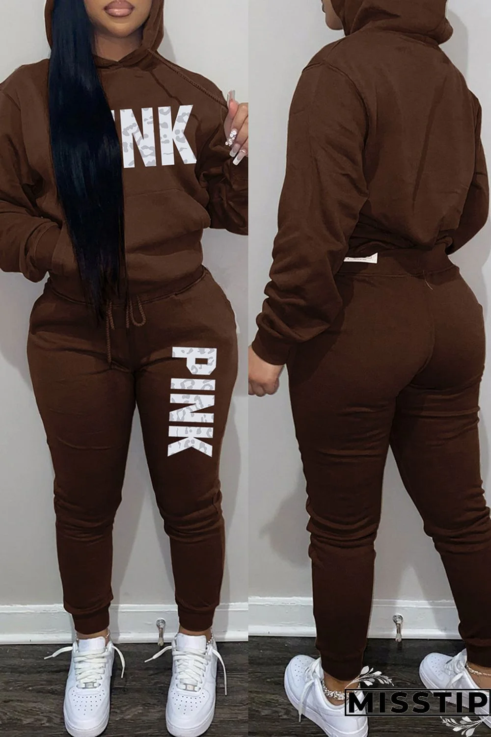 Khaki Fashion Casual Letter Print Basic Hooded Collar Long Sleeve Two Pieces