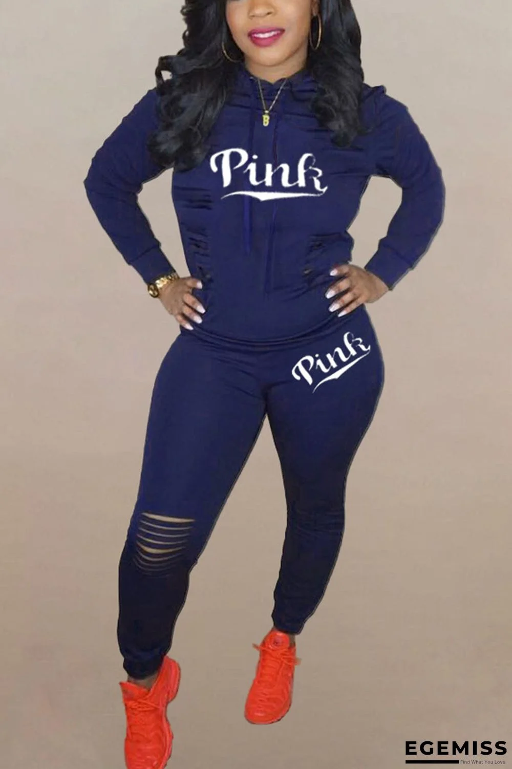 Dark Blue Sportswear Letter Hollowed Out Hooded Collar Long Sleeve Two Pieces | EGEMISS