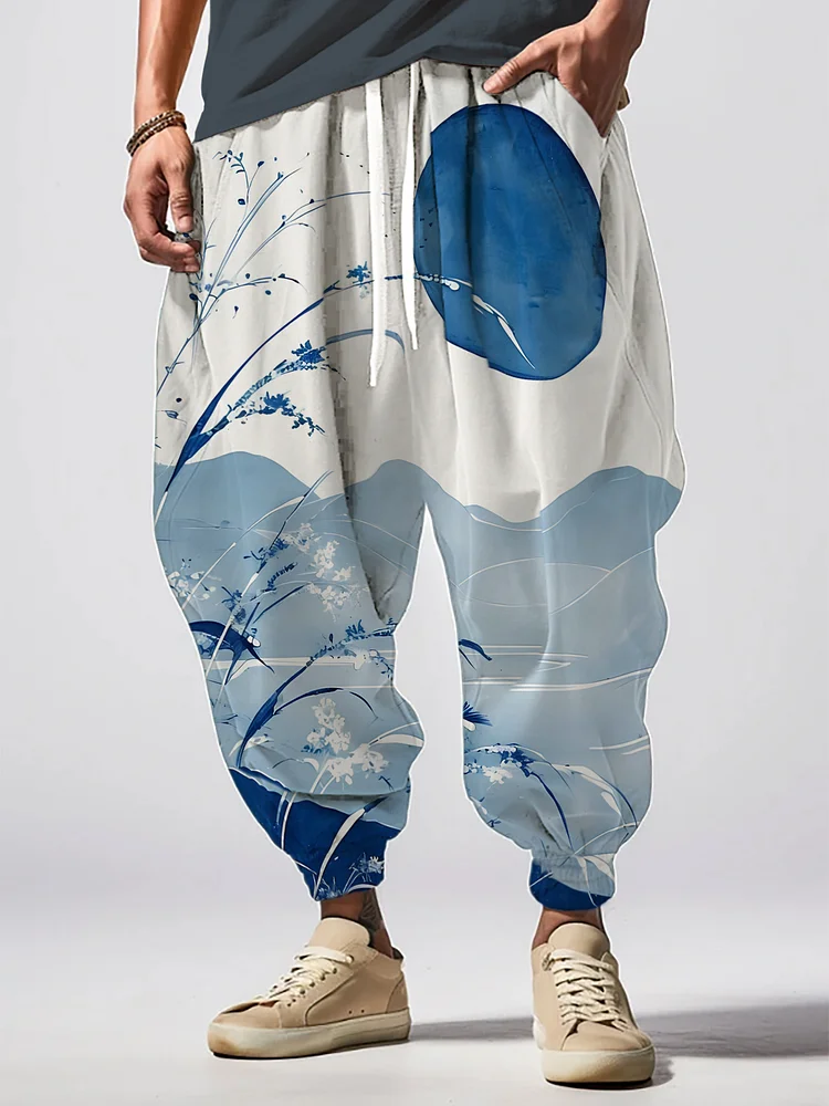 Men's Blue Landscape Print Loose Drawstring Waist Sweatpants