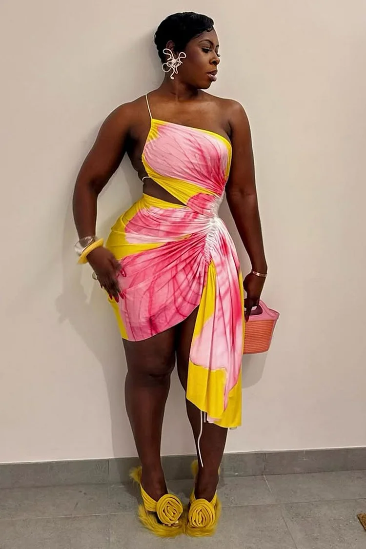 One Shoulder Cami Ruched Sash Print Party Mini Dresses-Pink [Pre Order]